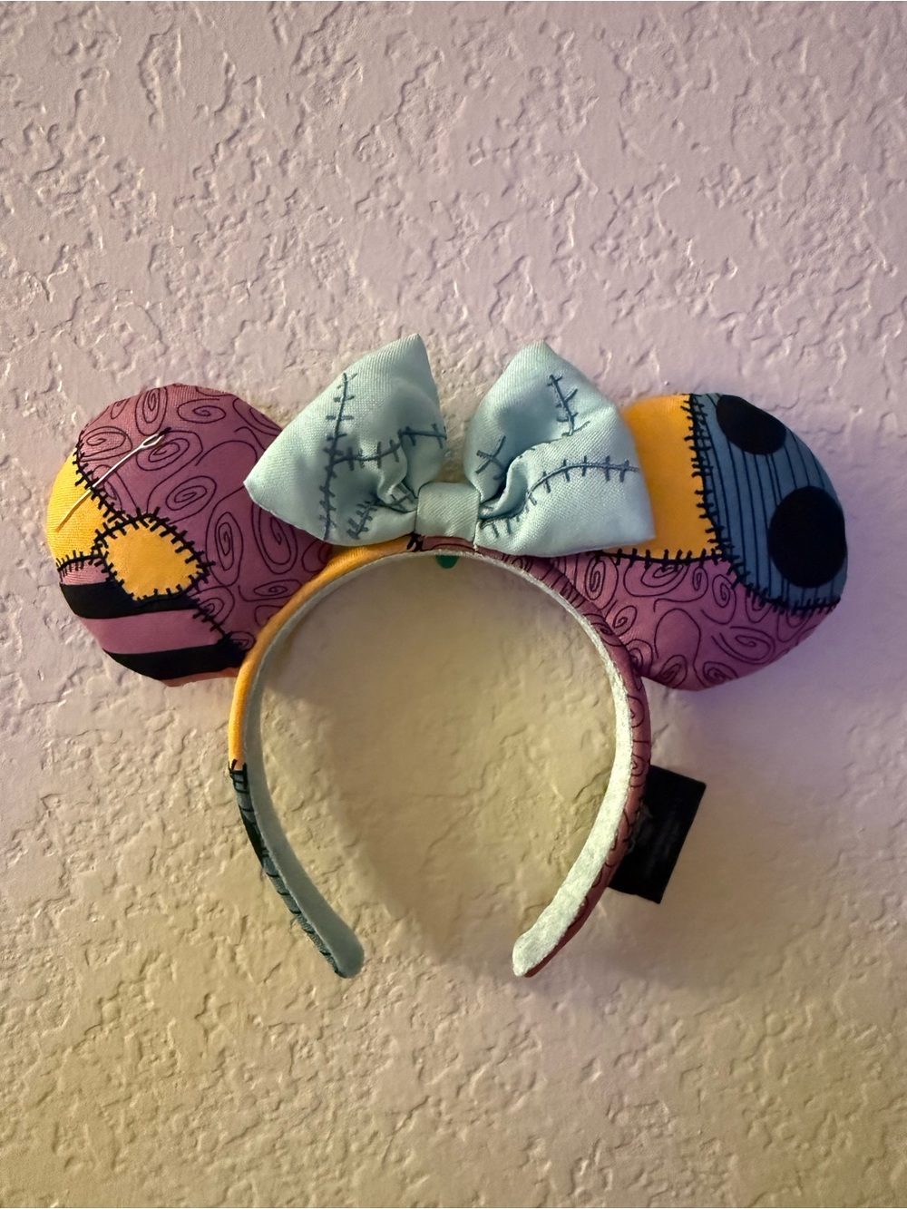 Patchwork Stitch Sally Minnie Ears Headband with Blue Bow
